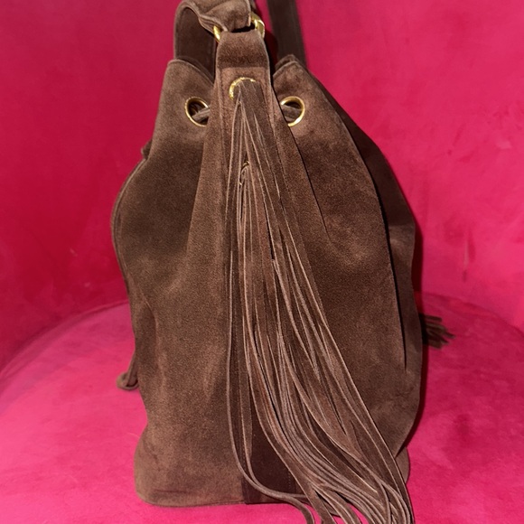 Chanel chocolate suede fringe bucket crossbody shoulder tote purse with pouch - Picture 3 of 16